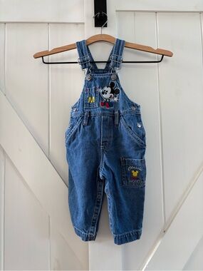 Vintage Baby Mickey & Co. Denim Embroidered Cotton Snap Overalls Size 12 Months